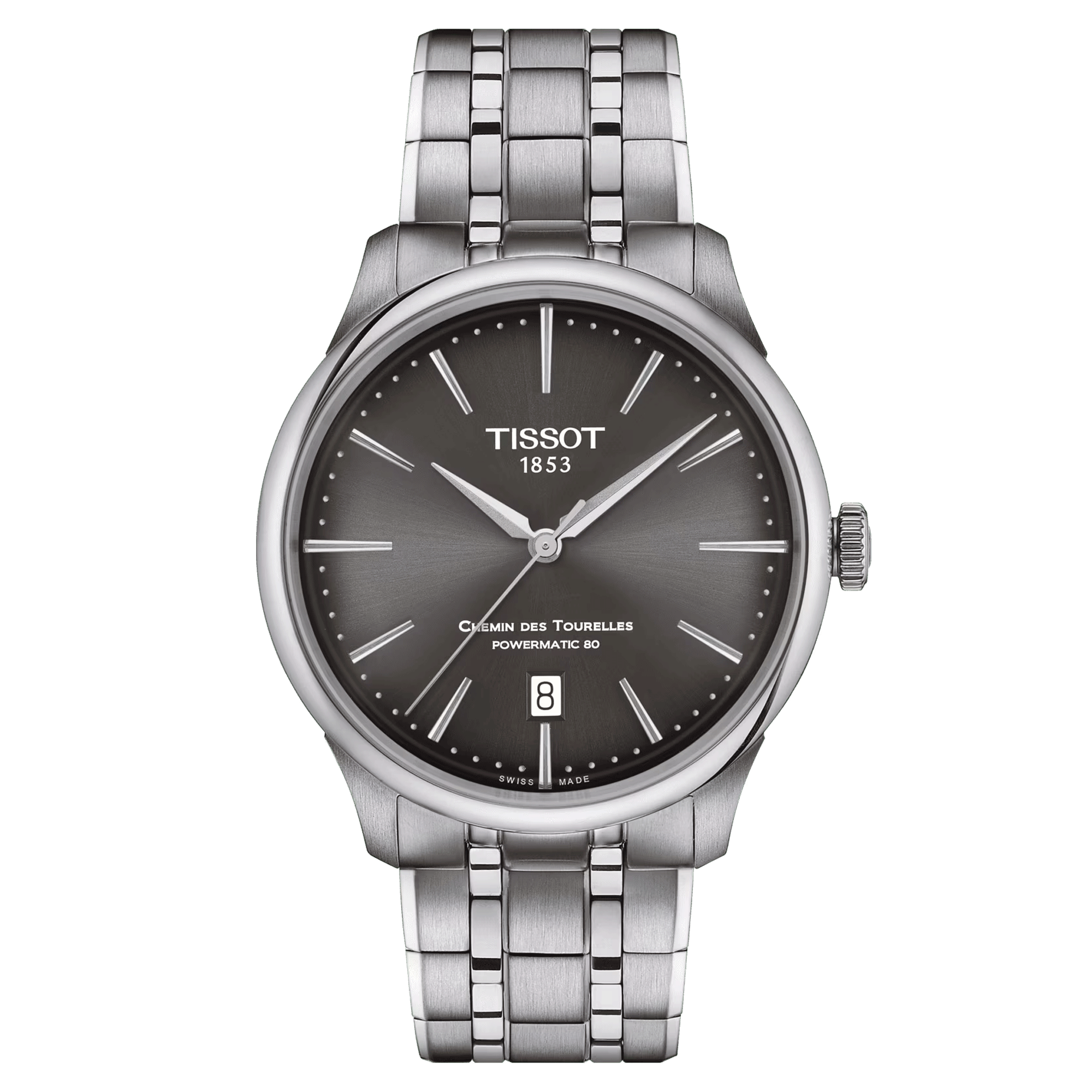 Montre Tissot T-Classic Chemin des Tourelles Powermatic 80 cadran gris bracelet acier 39 mm T139.807.11.061.00
