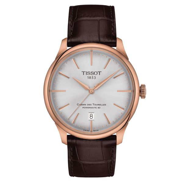 Tissot T-Classic Chemin des Tourelles Powermatic 80 PVD Rose Gold watch silver dial 39 mm T139.807.36.031.00