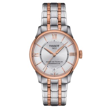 Tissot T-Classic Chemin des Tourelles Powermatic 80 PVD Rose Gold watch silver dial steel bracelet 34 mm T139.207.22.038.00