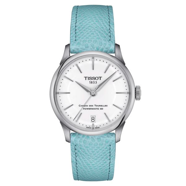 Tissot T-Classic Chemin des Tourelles Powermatic 80 watch white dial blue leather strap 34 mm T139.207.16.011.00