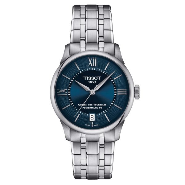Tissot T-Classic Chemin des Tourelles Powermatic 80 watch blue dial steel bracelet 34 mm T139.207.11.048.00