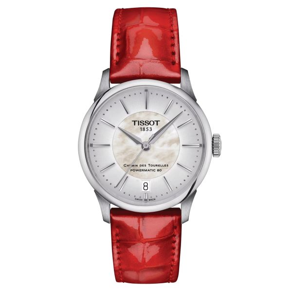 Montre Tissot T-Classic Chemin des Tourelles Powermatic 80 cadran nacre blanche bracelet cuir rouge 34 mm
