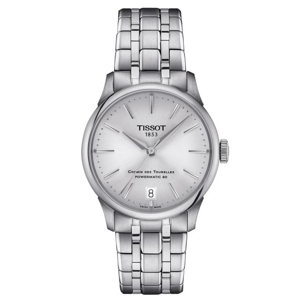 Montre Tissot T-Classic Chemin des Tourelles Powermatic 80 cadran argent bracelet acier 34 mm T139.207.11.031.00