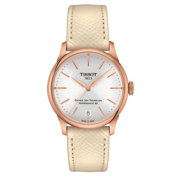 Tissot T-Classic Chemin des Tourelles Powermatic 80 PVD Rose Gold watch silver dial cream leather strap 34 mm T139.207.36.031.00