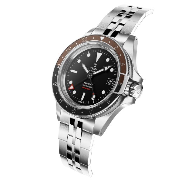 Yema Superman 500 GMT automatic watch brown and black bezel black dial steel bracelet 41 mm