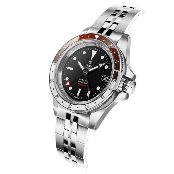 Yema Superman 500 GMT automatic watch red and white bezel black dial steel bracelet 41 mm