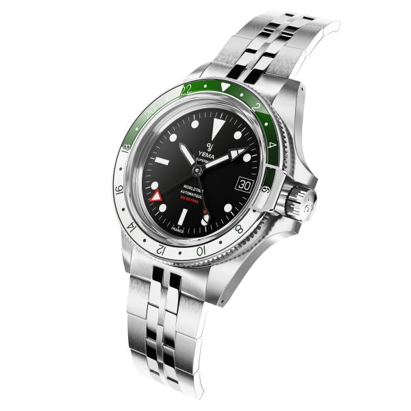 Yema Superman 500 GMT automatic watch green and white bezel black dial steel bracelet 41 mm