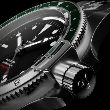 Yema Superman 500 GMT automatic watch green and white bezel black dial steel bracelet 39 mm