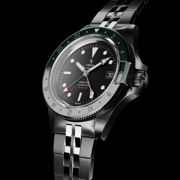 Yema Superman 500 GMT automatic watch green and white bezel black dial steel bracelet 39 mm