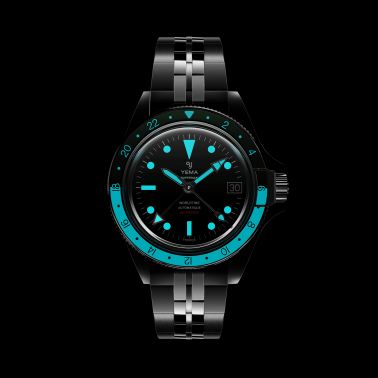 Yema Superman 500 GMT automatic watch green and white bezel black dial steel bracelet 39 mm