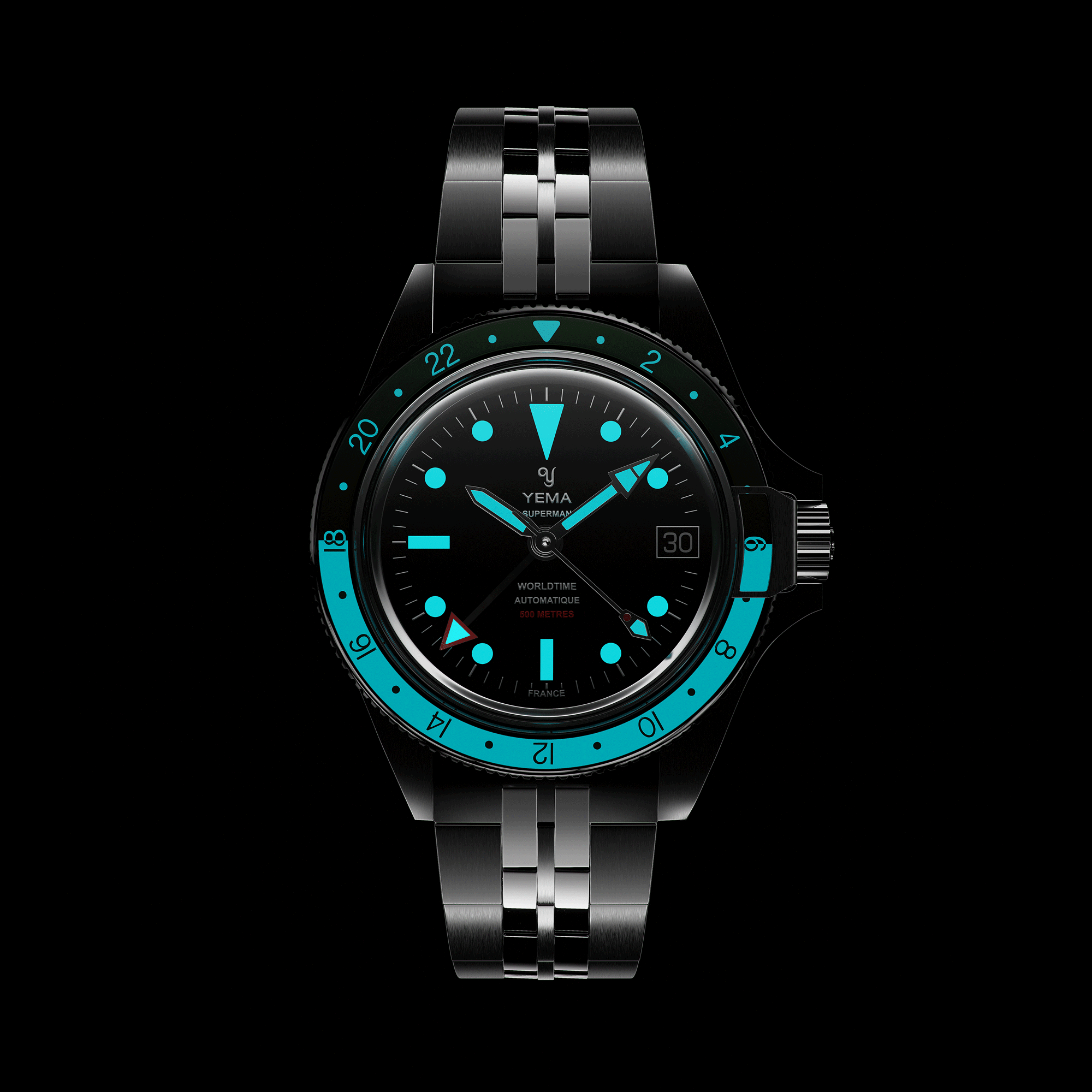 Yema Superman 500 GMT automatic watch green and white bezel black dial steel bracelet 39 mm