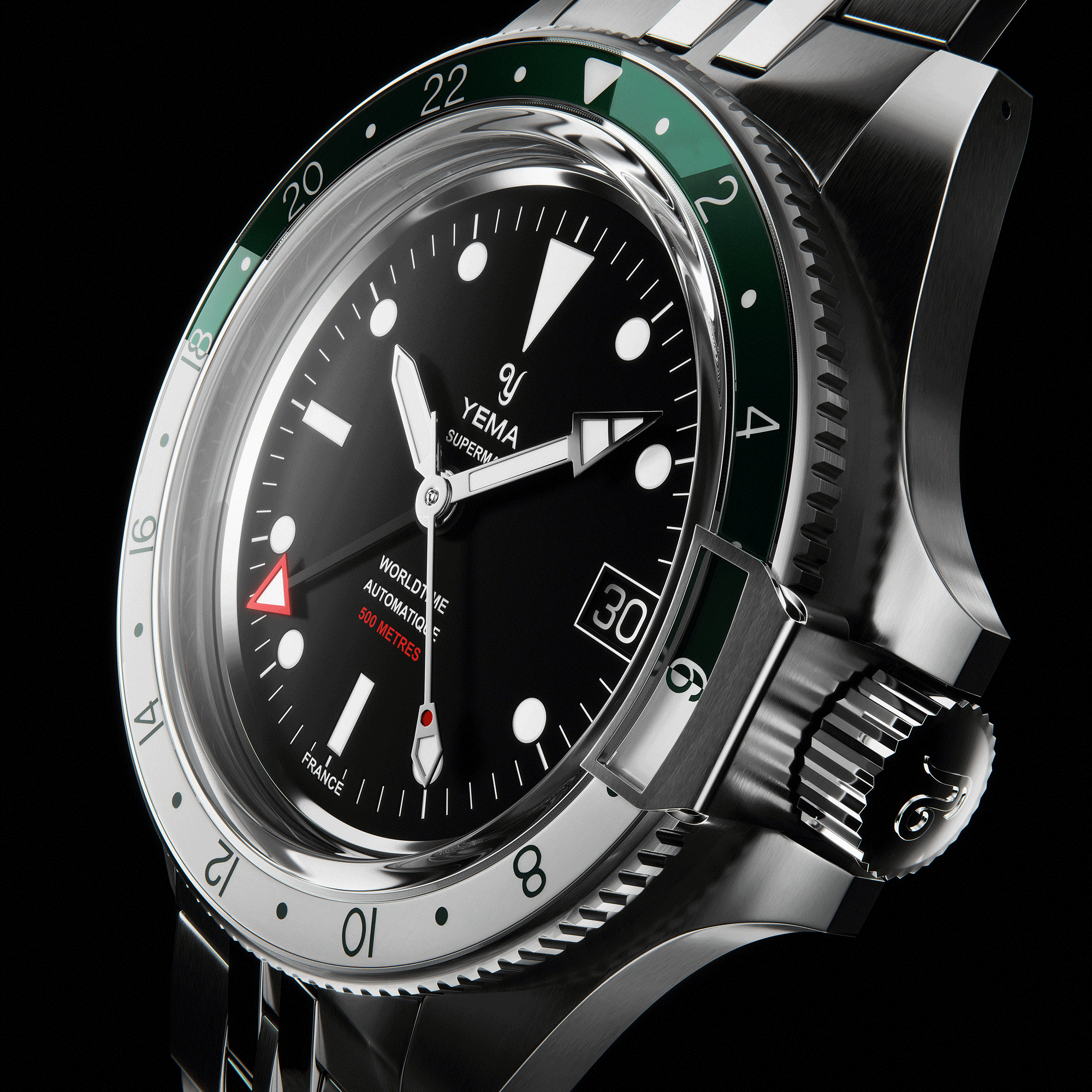 Yema Superman 500 GMT automatic watch green and white bezel black dial steel bracelet 39 mm