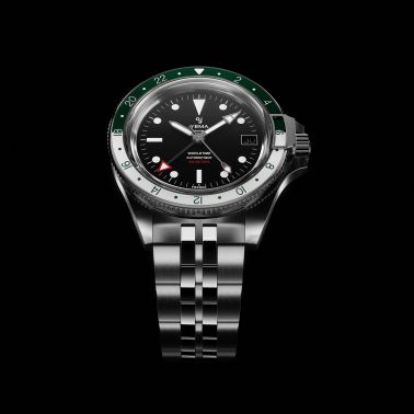Yema Superman 500 GMT automatic watch green and white bezel black dial steel bracelet 39 mm