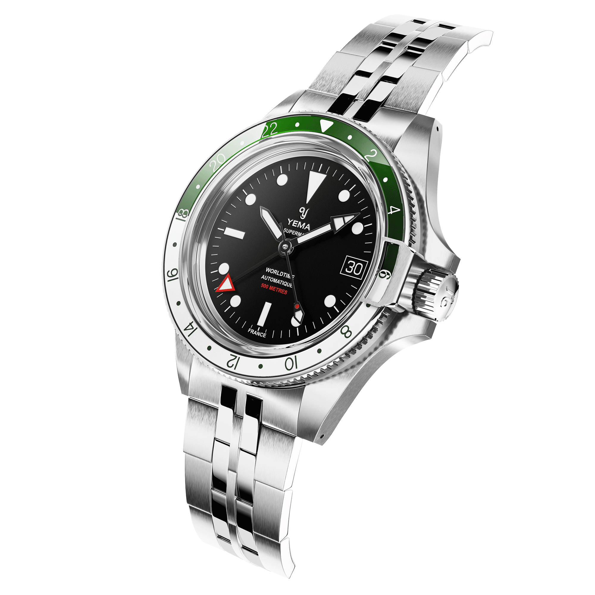 Montre Yema Superman 500 GMT automatique lunette verte et blanche cadran noir bracelet acier 39 mm YGMT23A39-AMS