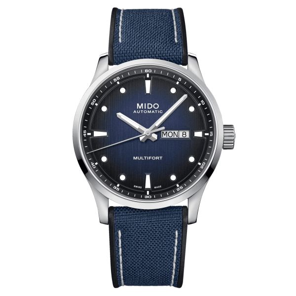 Mido Multifort M automatic watch blue dial blue fabric strap 42 mm M038.430.17.041.00