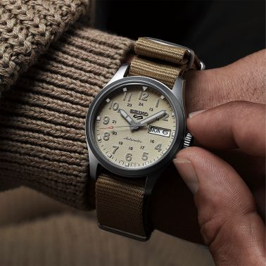 Seiko 5 Midfield "Desert Kit" automatic beige dial NATO strap 36 mm