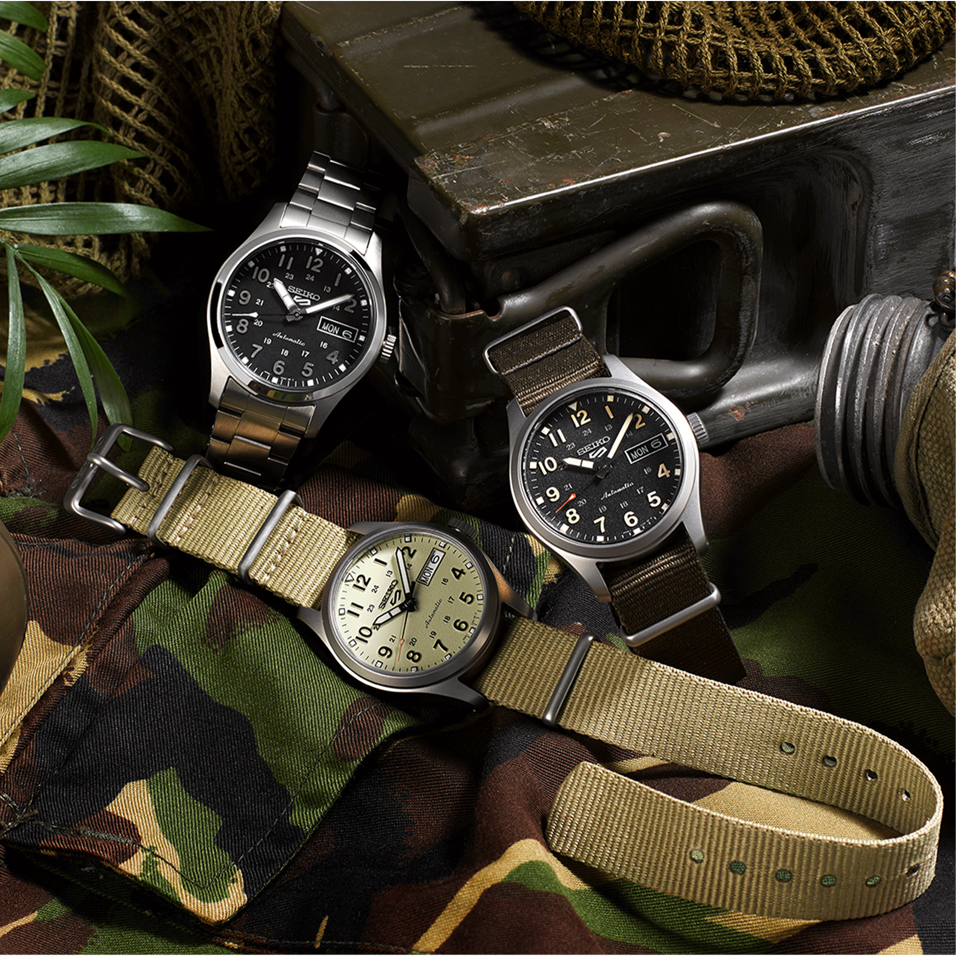 Montre Seiko 5 Midfield "Desert Kit" automatique cadran beige bracelet NATO 36 mm