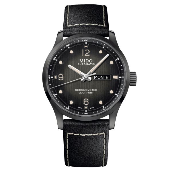 Mido Multifort M Chronometer COSC automatic watch black dial black leather strap 42 mm