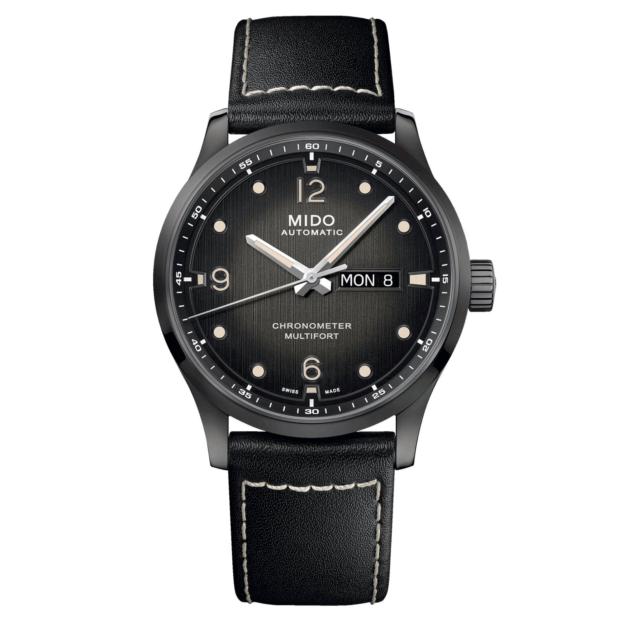 Montre Mido Multifort M Chronometer COSC automatique cadran noir bracelet cuir noir 42 mm M038.431.36.057.00
