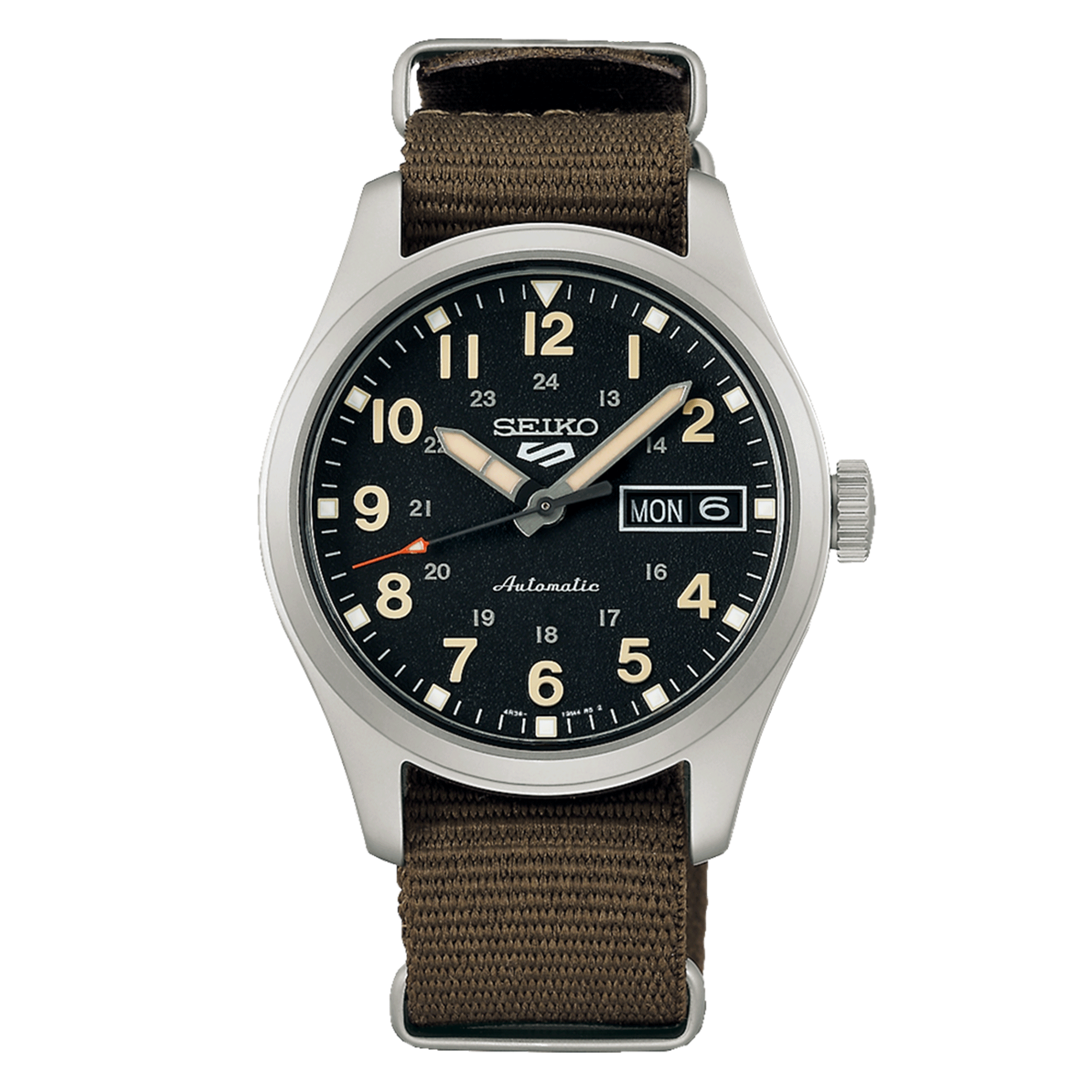 Montre Seiko 5 Midfield "Green Zone" automatique cadran noir bracelet NATO 36 mm