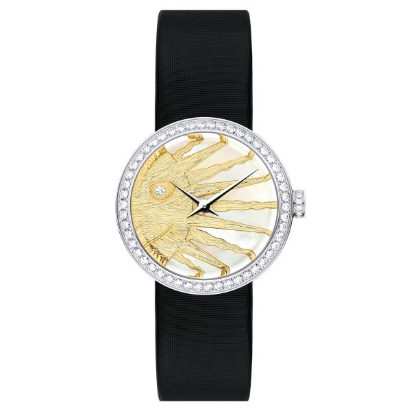 La D de Dior Rose Céleste quartz mother-of-pearl dial diamond set black satin strap 25 mm CD04711X1001