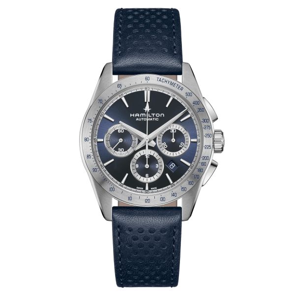 Hamilton Jazzmaster Performer Chronograph automatic watch blue dial blue leather strap 42 mm H36616640