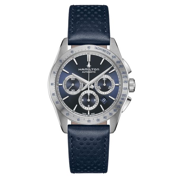 Montre Hamilton Jazzmaster Performer Chronographe automatique cadran bleu bracelet cuir bleu 42 mm H36616640