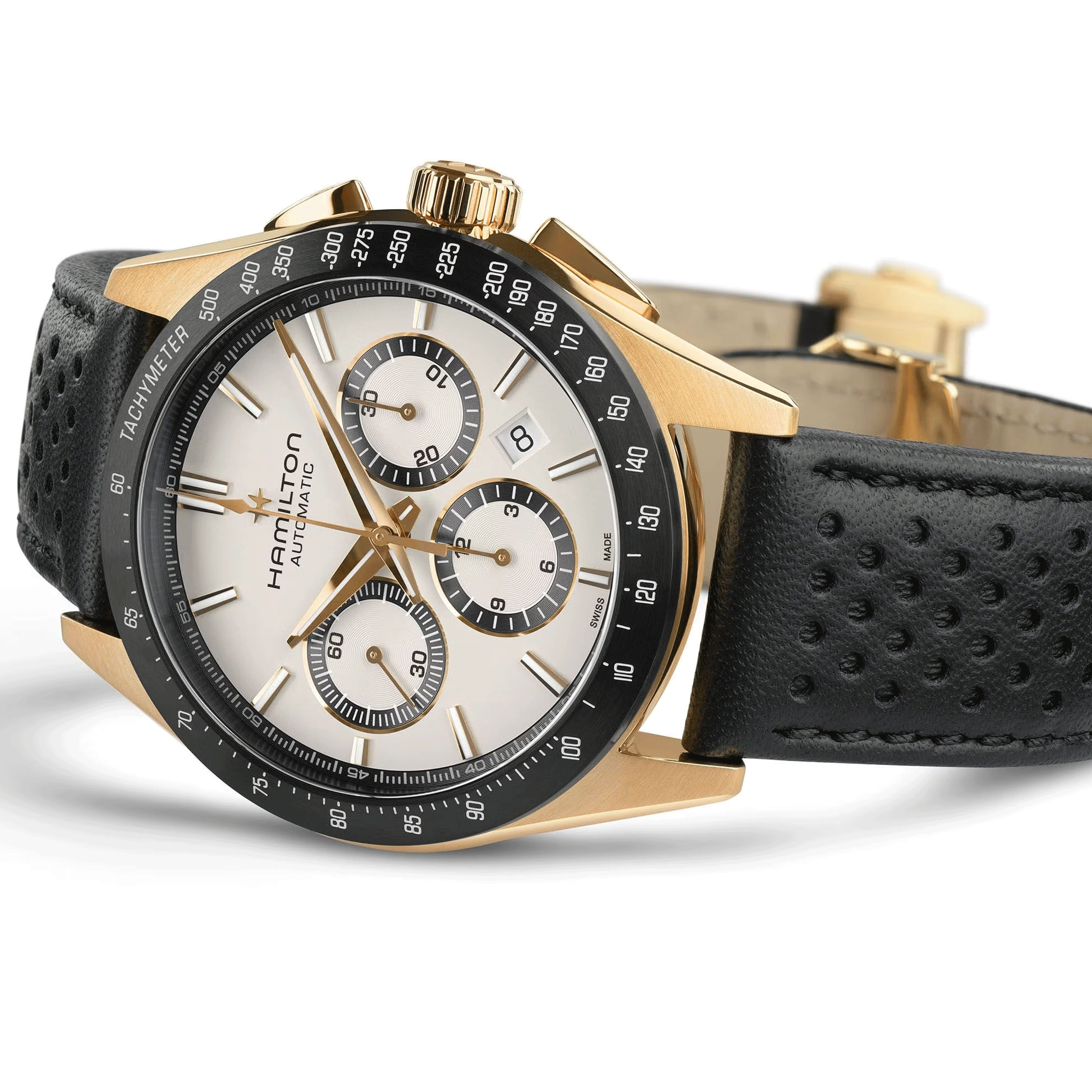 Montre Hamilton Jazzmaster Performer Chronographe PVD automatique cadran blanc bracelet cuir noir 42 mm H36626710