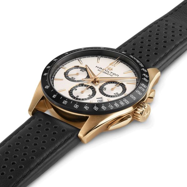Hamilton Jazzmaster Performer Chronograph PVD automatic watch white dial black leather strap 42 mm H36626710