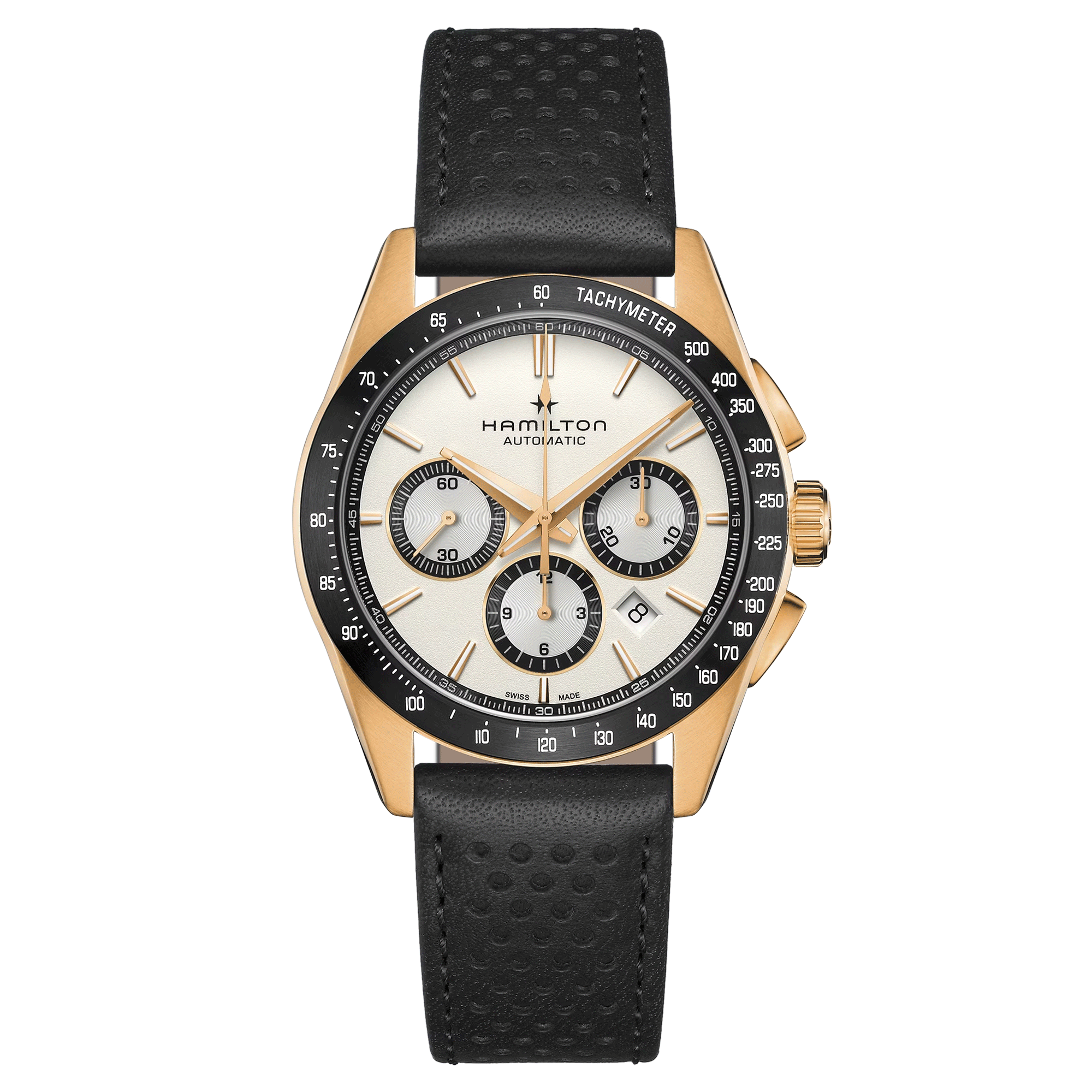 Hamilton Jazzmaster Performer Chronograph PVD automatic watch white dial black leather strap 42 mm H36626710