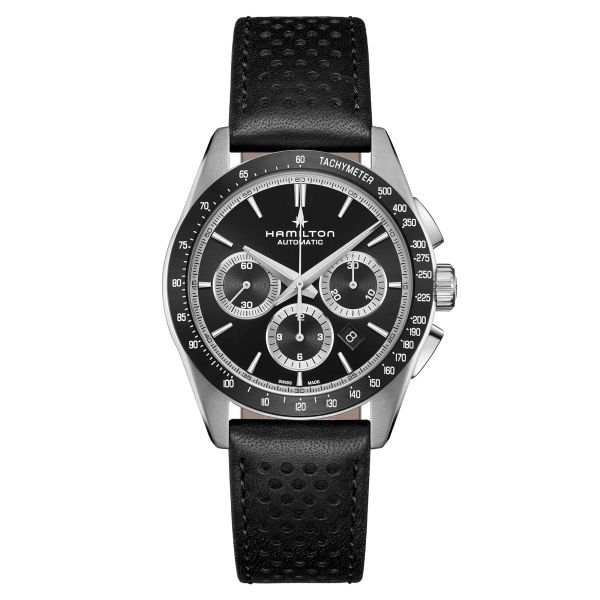 Montre Hamilton Jazzmaster Performer Chronographe automatique cadran noir bracelet cuir noir 42 mm H36606730