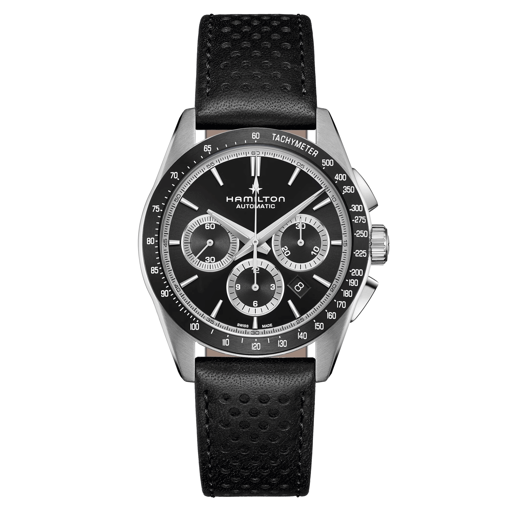 Montre Hamilton Jazzmaster Performer Chronographe automatique cadran noir bracelet cuir noir 42 mm H36606730