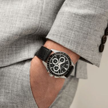 Montre Hamilton Jazzmaster Performer Chronographe automatique cadran noir bracelet cuir noir 42 mm H36606730