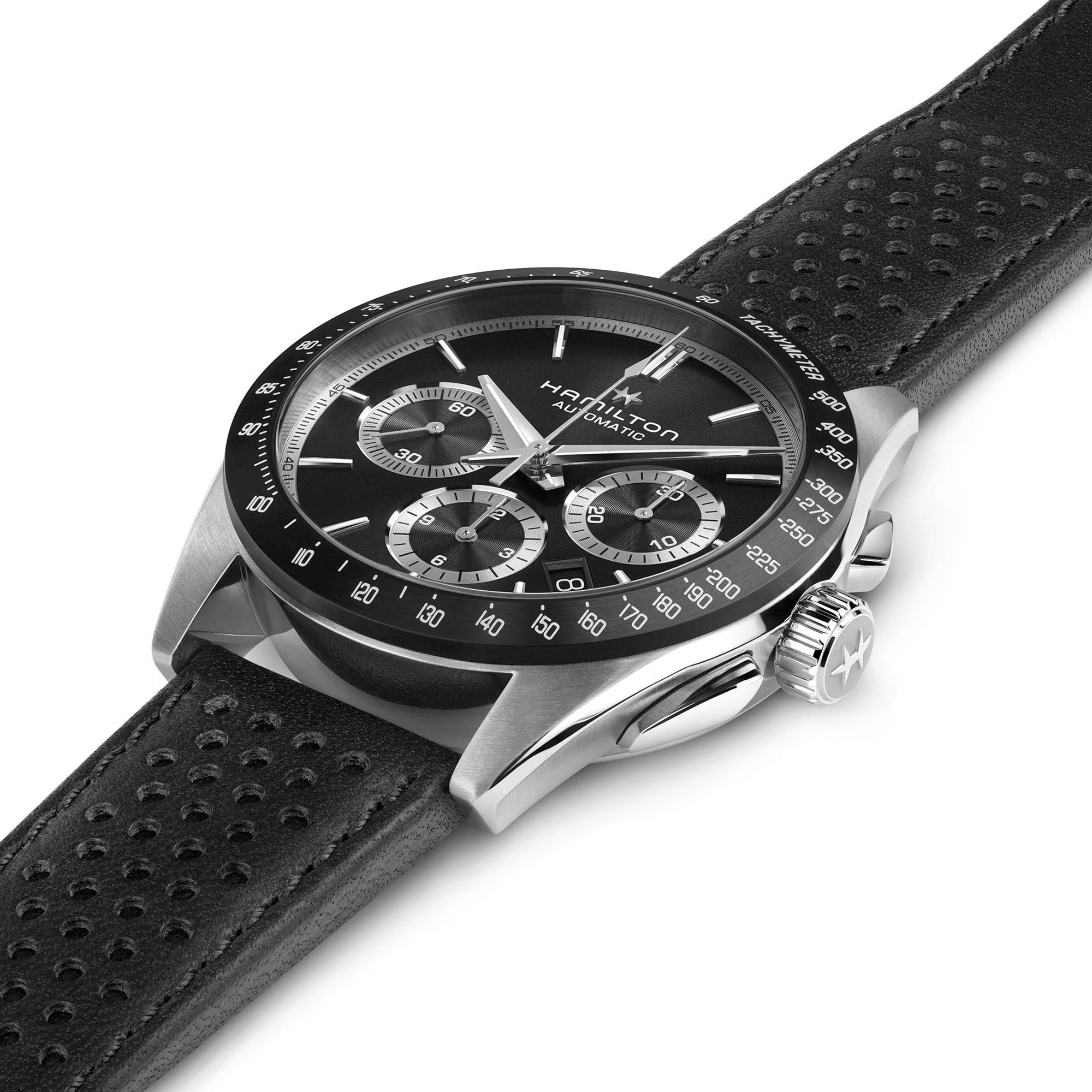 Montre Hamilton Jazzmaster Performer Chronographe automatique cadran noir bracelet cuir noir 42 mm H36606730