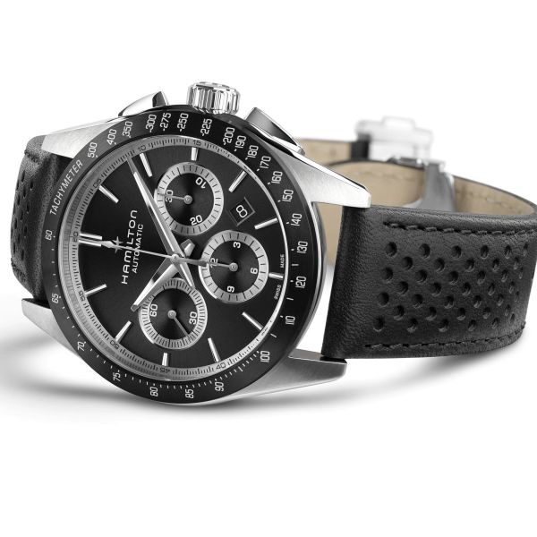 Montre Hamilton Jazzmaster Performer Chronographe automatique cadran noir bracelet cuir noir 42 mm H36606730