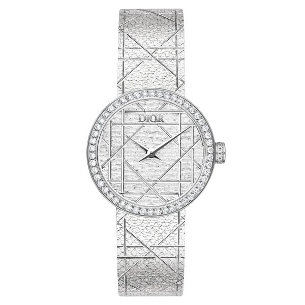 La D my Dior quartz silver canework dial diamond set steel bracelet 25 mm