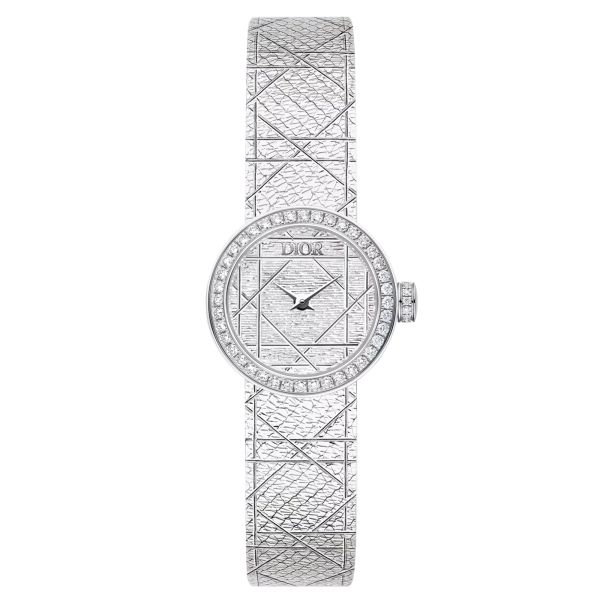 La Mini D my Dior quartz silver canework dial diamond set steel bracelet 19 mm