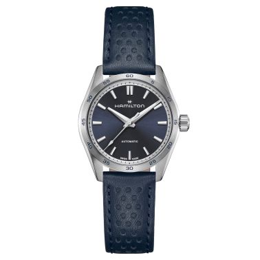 Montre Hamilton Jazzmaster Performer automatique cadran bleu bracelet cuir bleu 34 mm H36115640