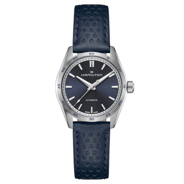 Hamilton Jazzmaster Performer automatic watch blue dial blue leather strap 34 mm