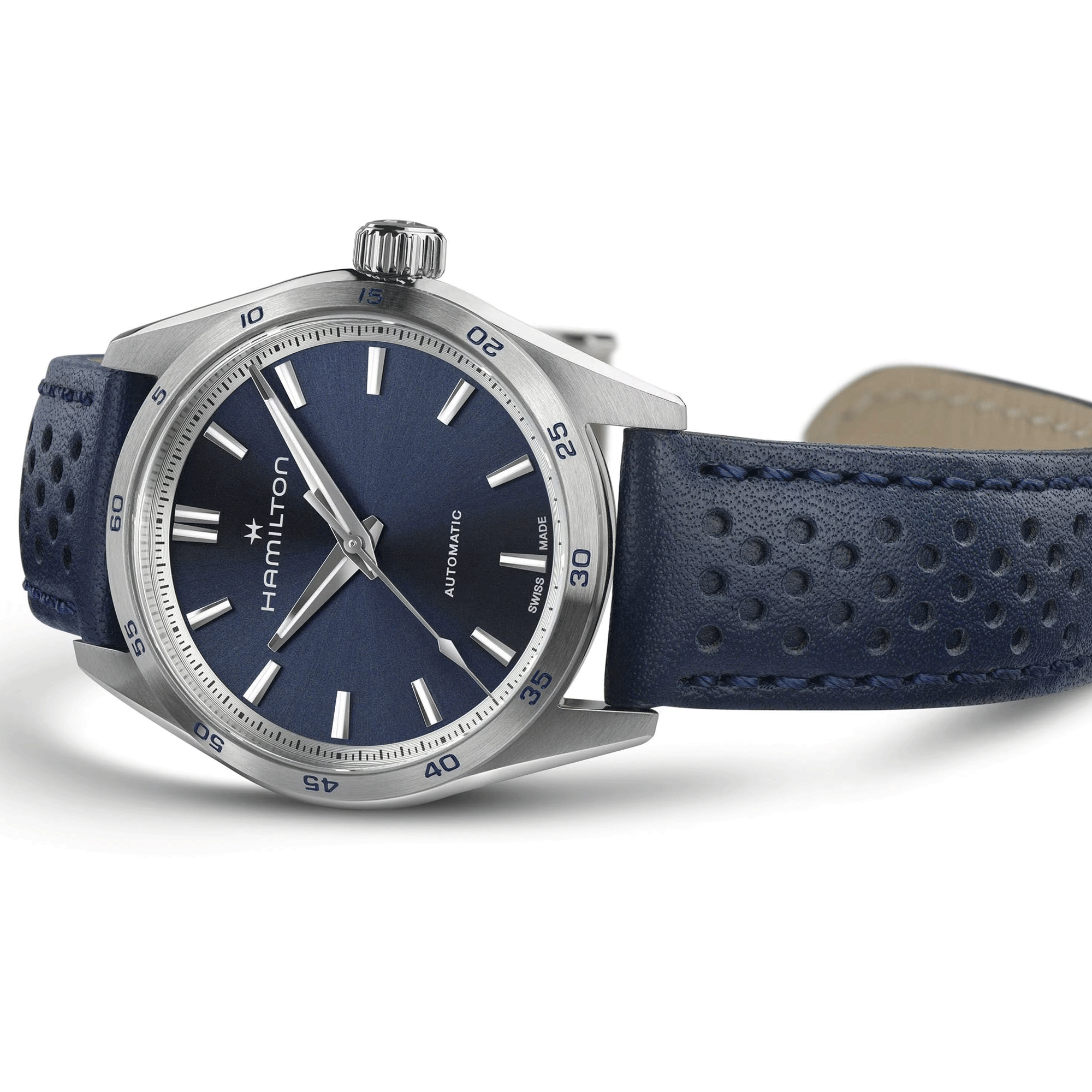 Hamilton Jazzmaster Performer automatic watch blue dial blue leather strap 34 mm