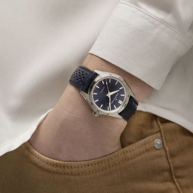 Hamilton Jazzmaster Performer automatic watch blue dial blue leather strap 34 mm