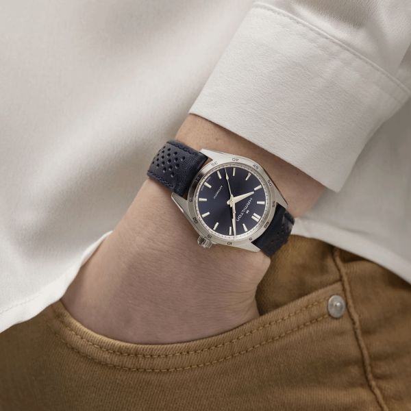 Hamilton Jazzmaster Performer automatic watch blue dial blue leather strap 34 mm