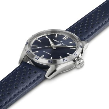 Hamilton Jazzmaster Performer automatic watch blue dial blue leather strap 34 mm