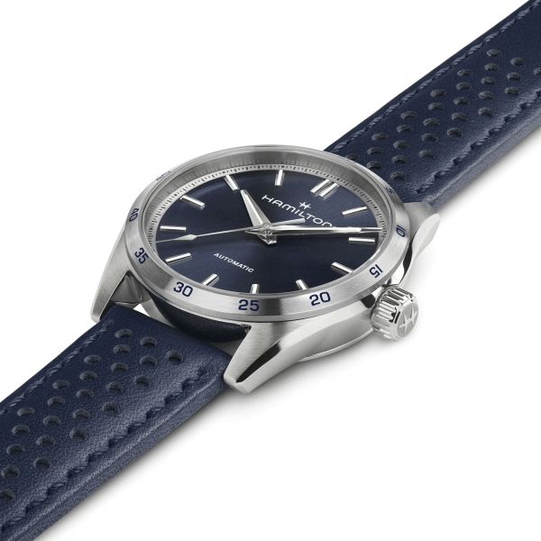 Hamilton Jazzmaster Performer automatic watch blue dial blue leather strap 34 mm