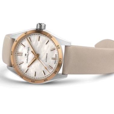 Hamilton Jazzmaster Performer automatic watch white mother-of-pearl dial beige satin strap 34 mm