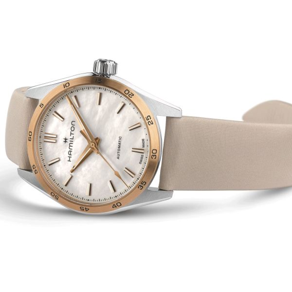 Hamilton Jazzmaster Performer automatic watch white mother-of-pearl dial beige satin strap 34 mm