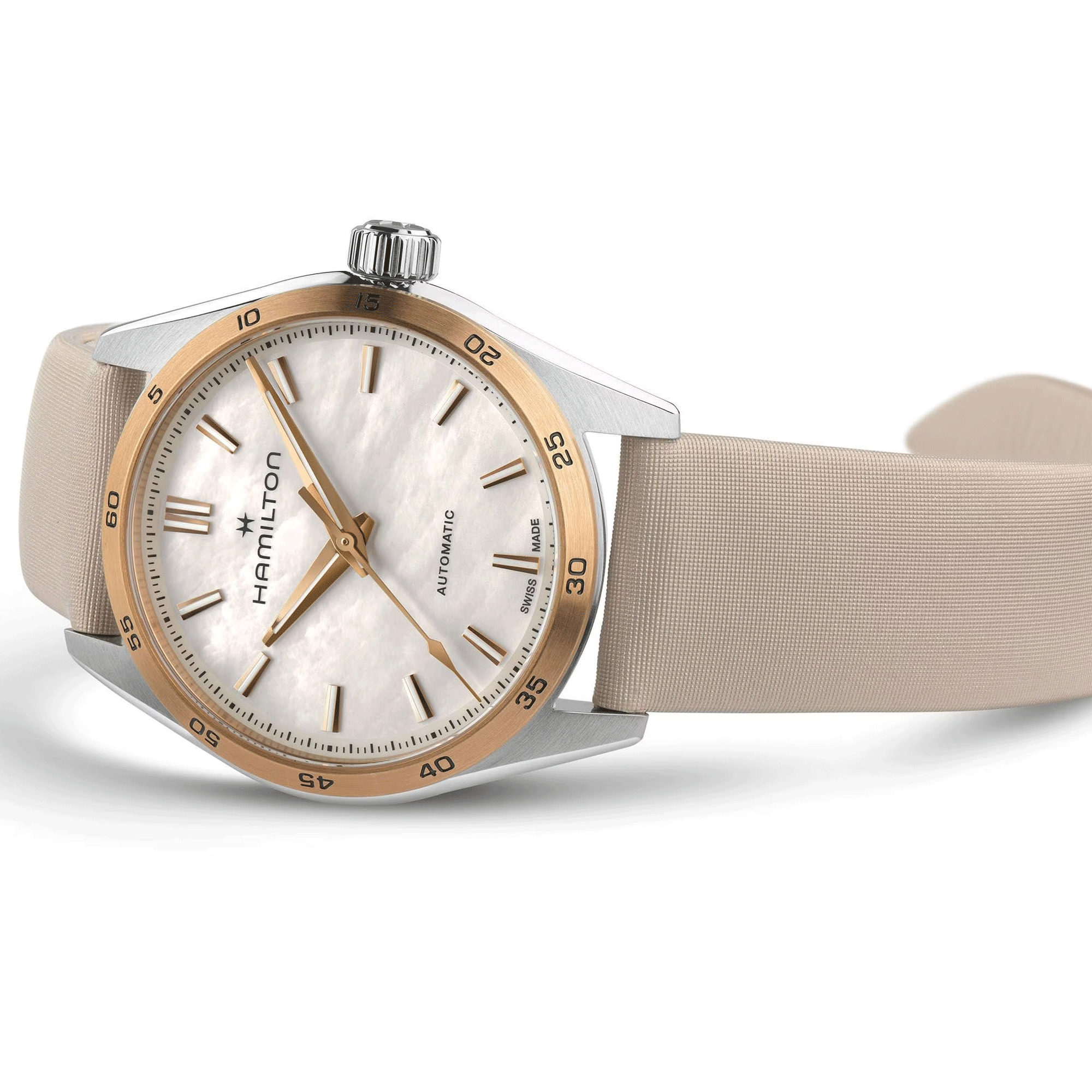 Hamilton Jazzmaster Performer automatic watch white mother-of-pearl dial beige satin strap 34 mm