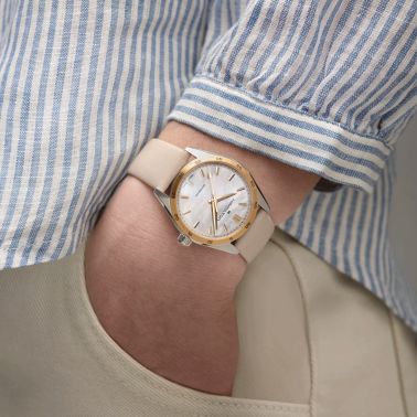 Hamilton Jazzmaster Performer automatic watch white mother-of-pearl dial beige satin strap 34 mm