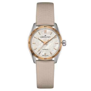 Hamilton Jazzmaster Performer automatic watch white mother-of-pearl dial beige satin strap 34 mm