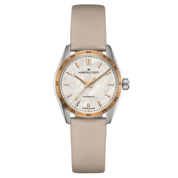Hamilton Jazzmaster Performer automatic watch white mother-of-pearl dial beige satin strap 34 mm